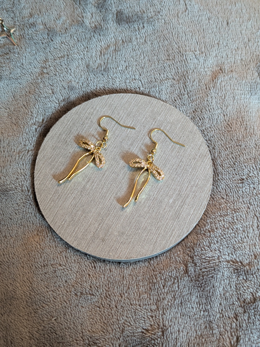 Gold Bow Tie Dangle Drop Earrings Sparkle Diamond
